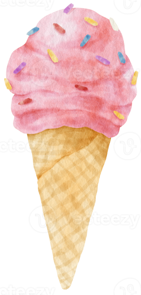 Strawberry ice cream cone in watercolor summer decor element png