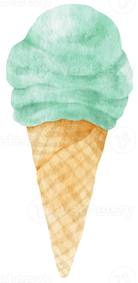 mint chocolate ice cream cone in watercolor summer element png