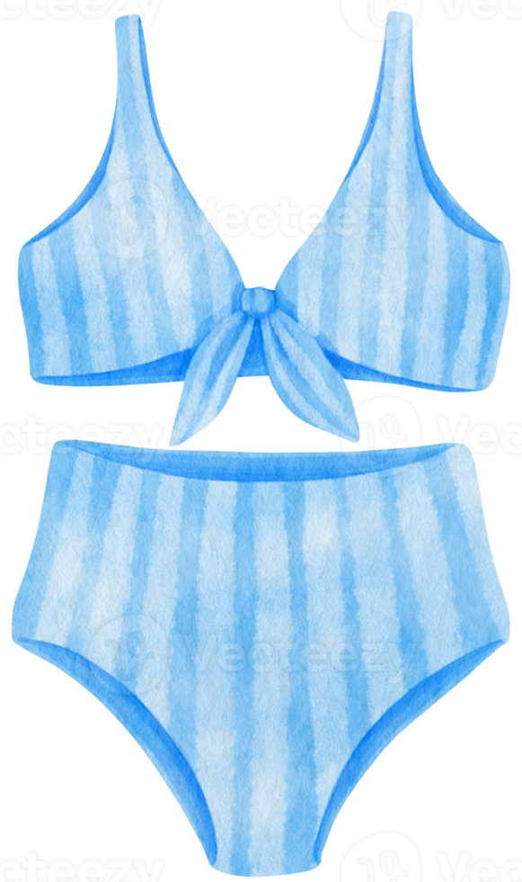 Blue stripes two piece bikini swimsuits watercolor style for summer decorative element png
