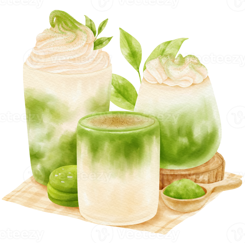 Matcha green tea latte drink composition watercolor png