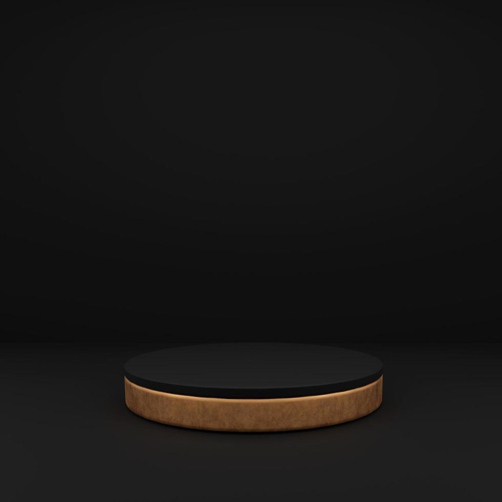 Wooden and black 3d rendering stage podium display for product presentation with black background photo