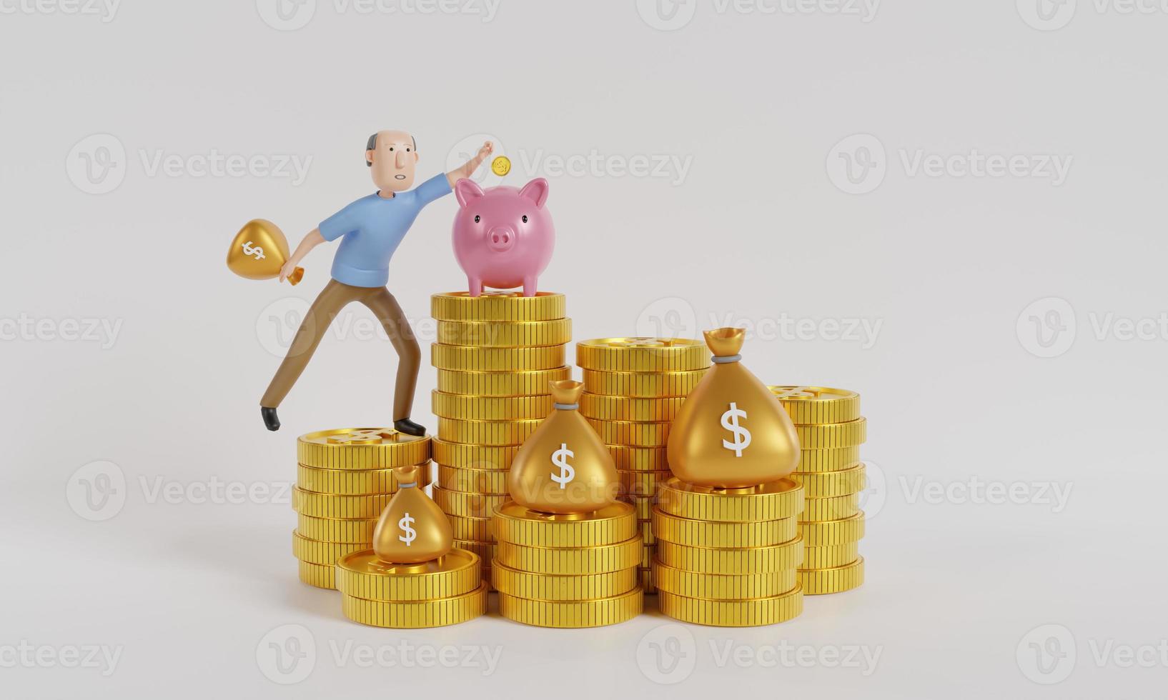 Man cartoon character holding a bag of money dropping a piggy bank on stack of coins. money saving concept. 3d rendering photo