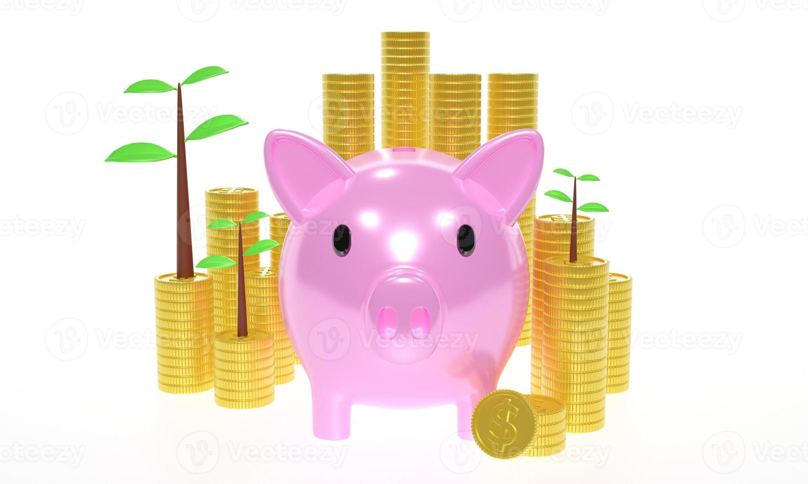Pig piggy bank with gold coins on a white background. 3d render. Moneybox for advertising sale. Investment income, real estate banking. photo