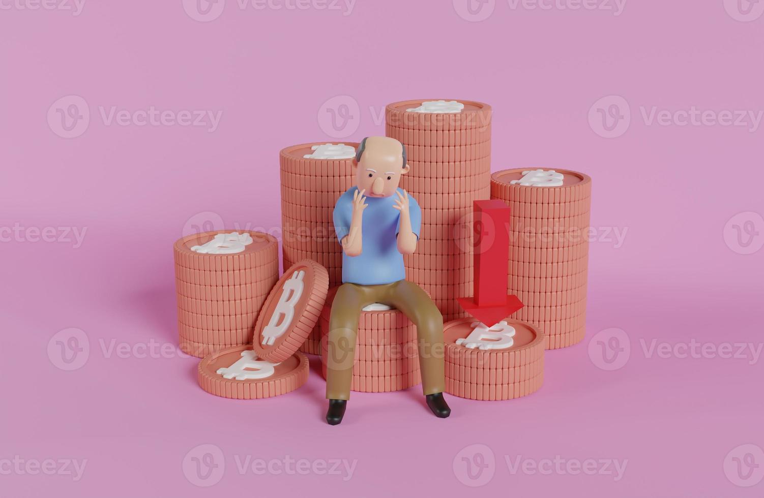 Cartoon character businessman fail sitting on stack of coins and at the bottom of red business chart arrow. photo