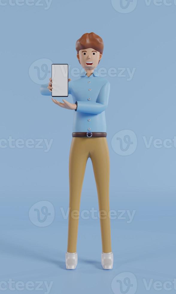 cartoon character man show smartphone with white blank mock up screen over blue background. 3d render illustration. photo