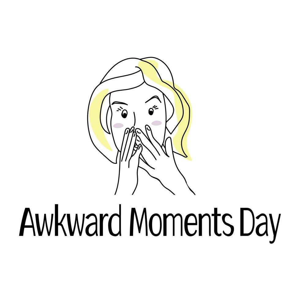 Awkward Moments Day, surprised girl's face covered with hands, idea for a postcard or banner vector