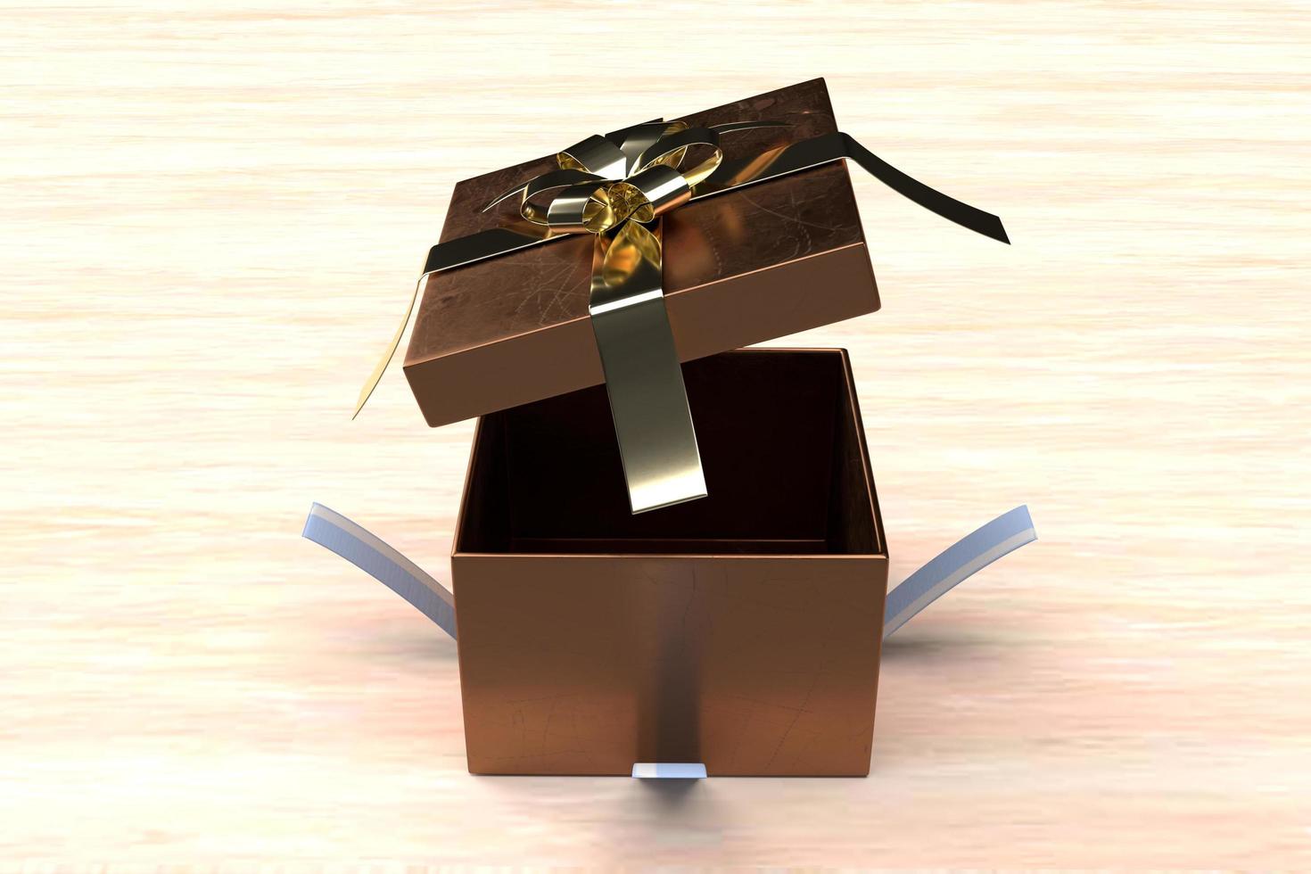 Gold open gift box with ribbon on wodden background. 3d render. photo