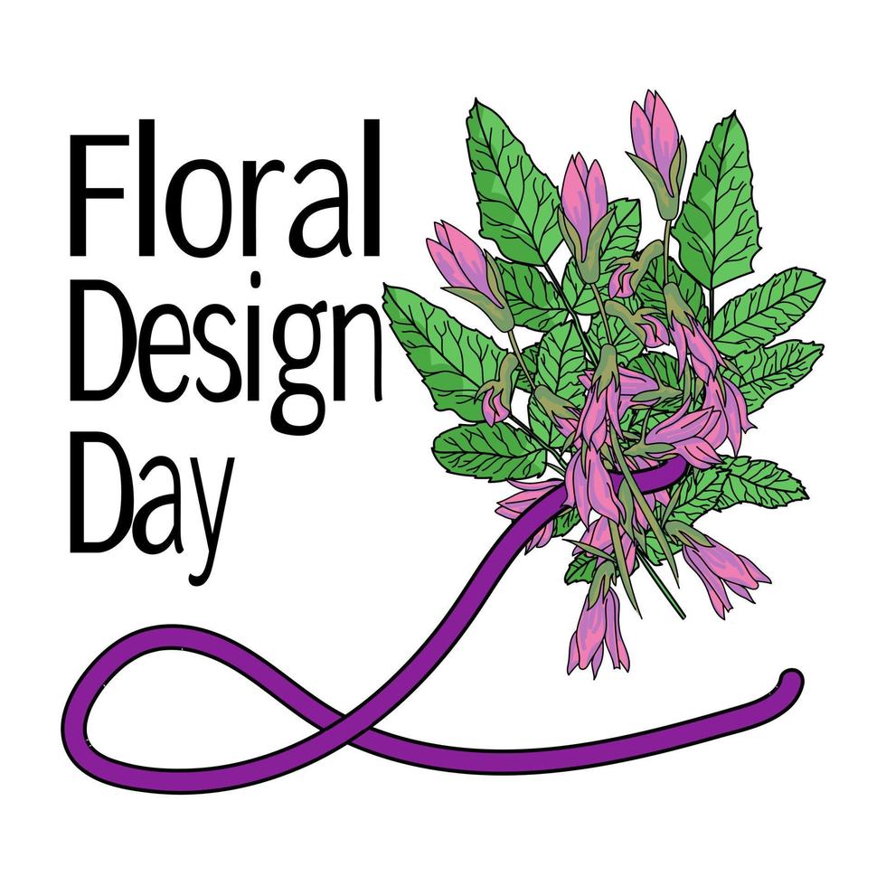 día de diseño floral, ramo de flores de color púrpura brillante y hojas verdes, cinta decorativa e inscripción vector