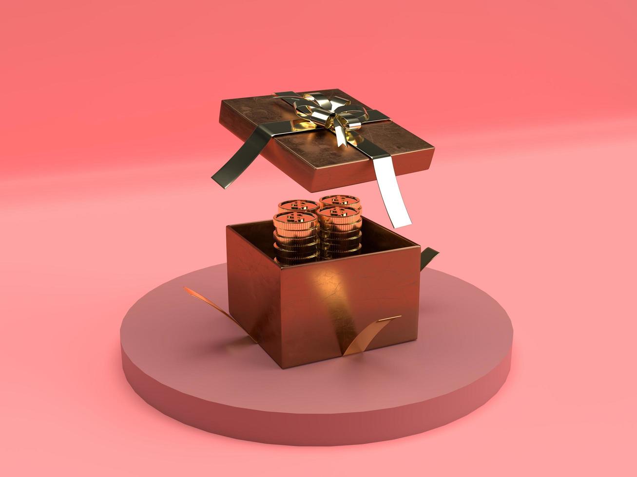 Gold open gift box with ribbon and stack of golden coins on pink background. 3d render. photo