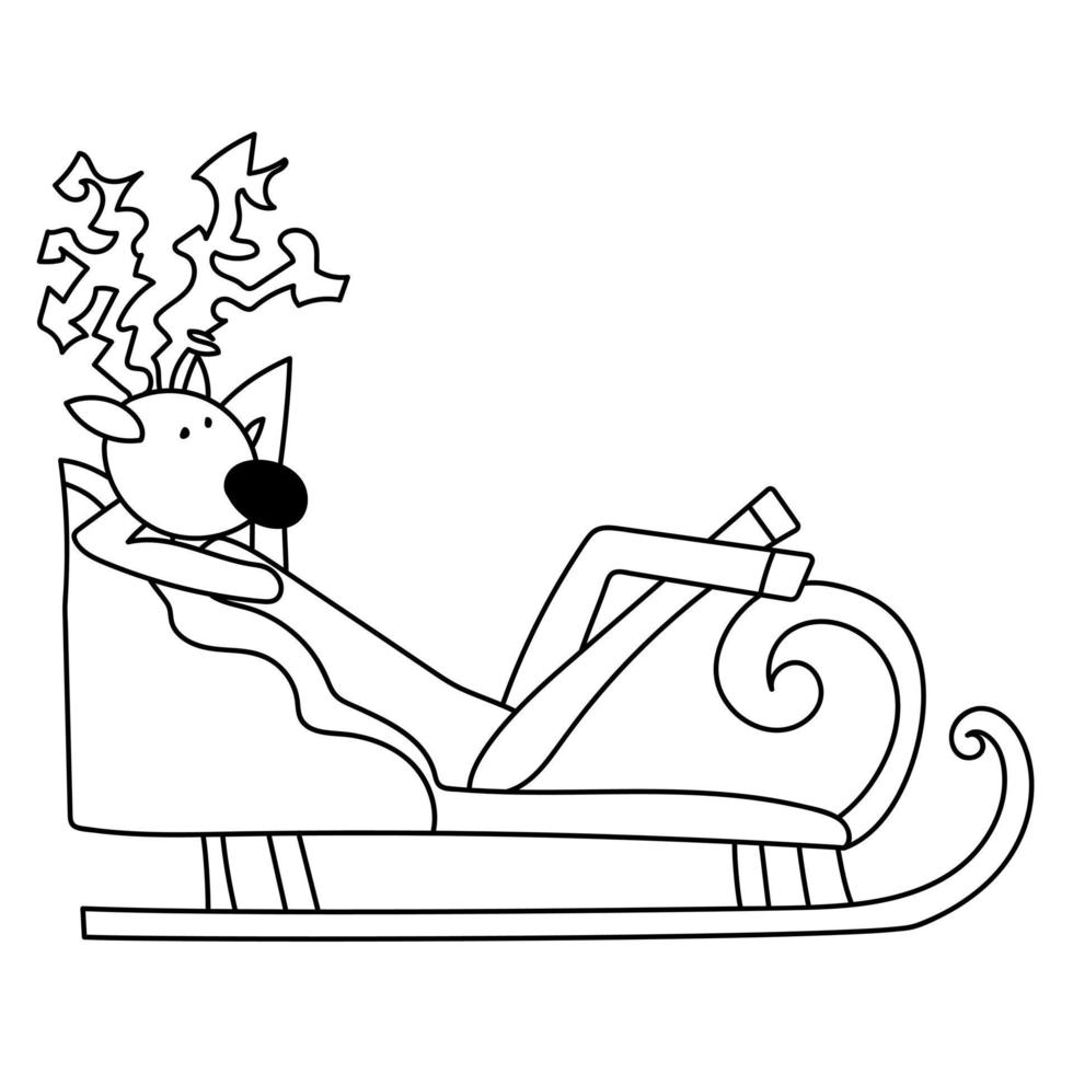 Christmas coloring page with funny reindeer on sleigh, outline greeting card for creativity vector