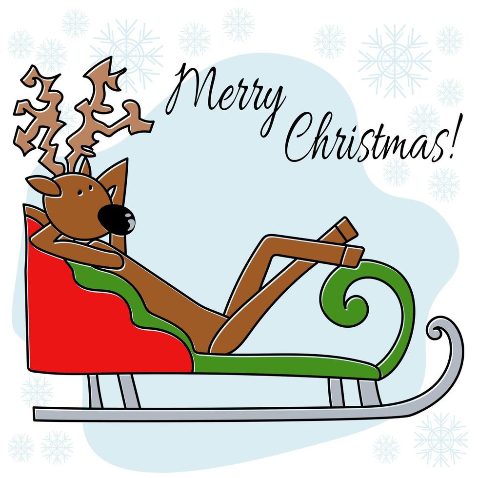 Merry Christmas greeting card with positive reindeer in doodle style in red sleigh vector