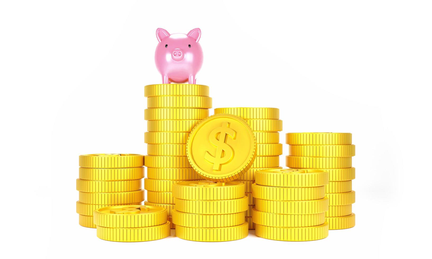 Pig piggy bank with gold coins on a pink background. 3d render. Moneybox for advertising sale. Investment income, real estate banking. photo