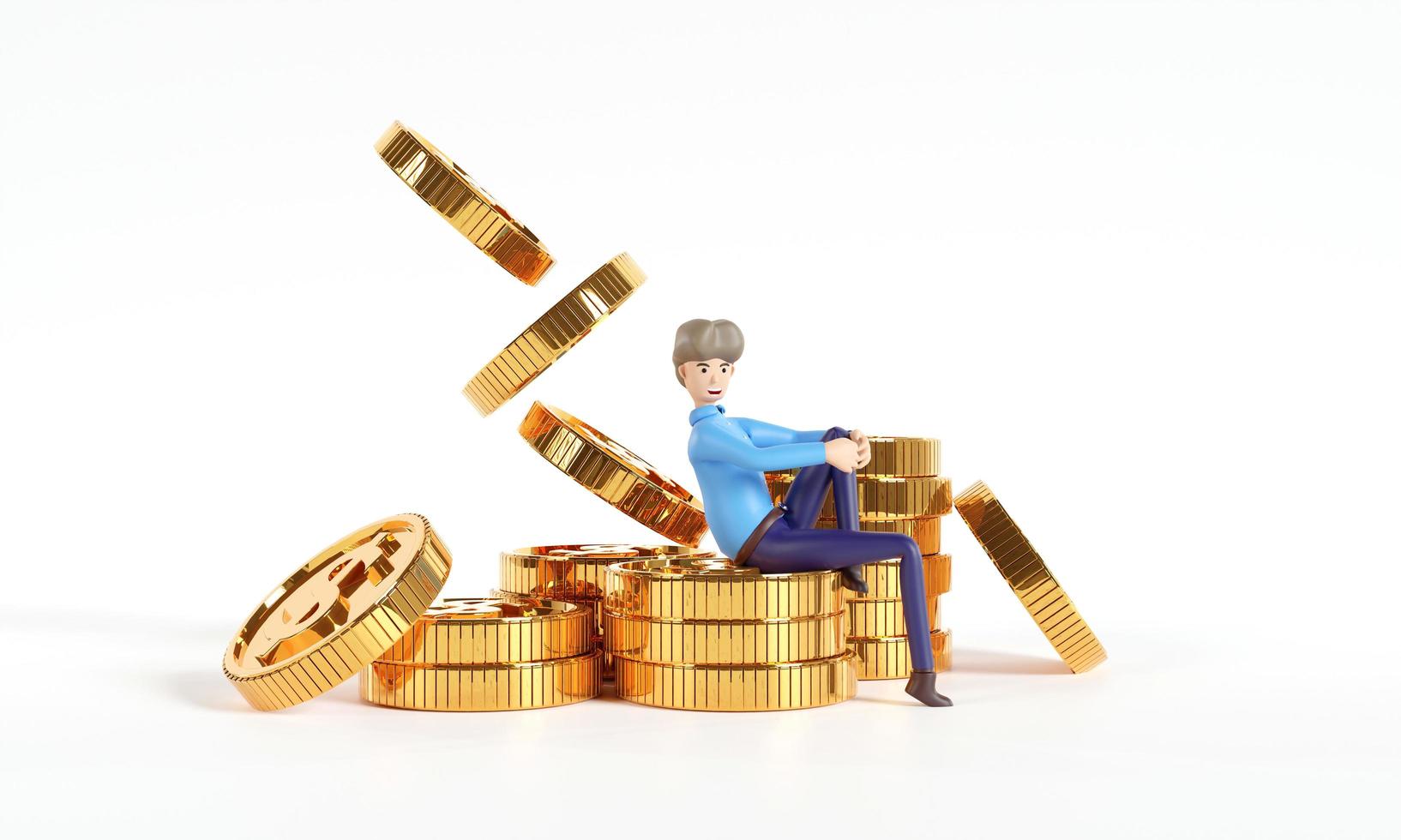 Cartoon character sitting on a mountain of golden coins, Financial concept, money saving, 3d render illustration. photo