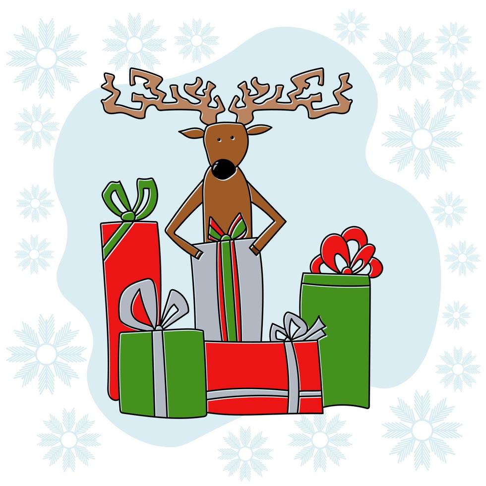 Cheerful card with a positive deer in doodle style among bright gift boxes vector