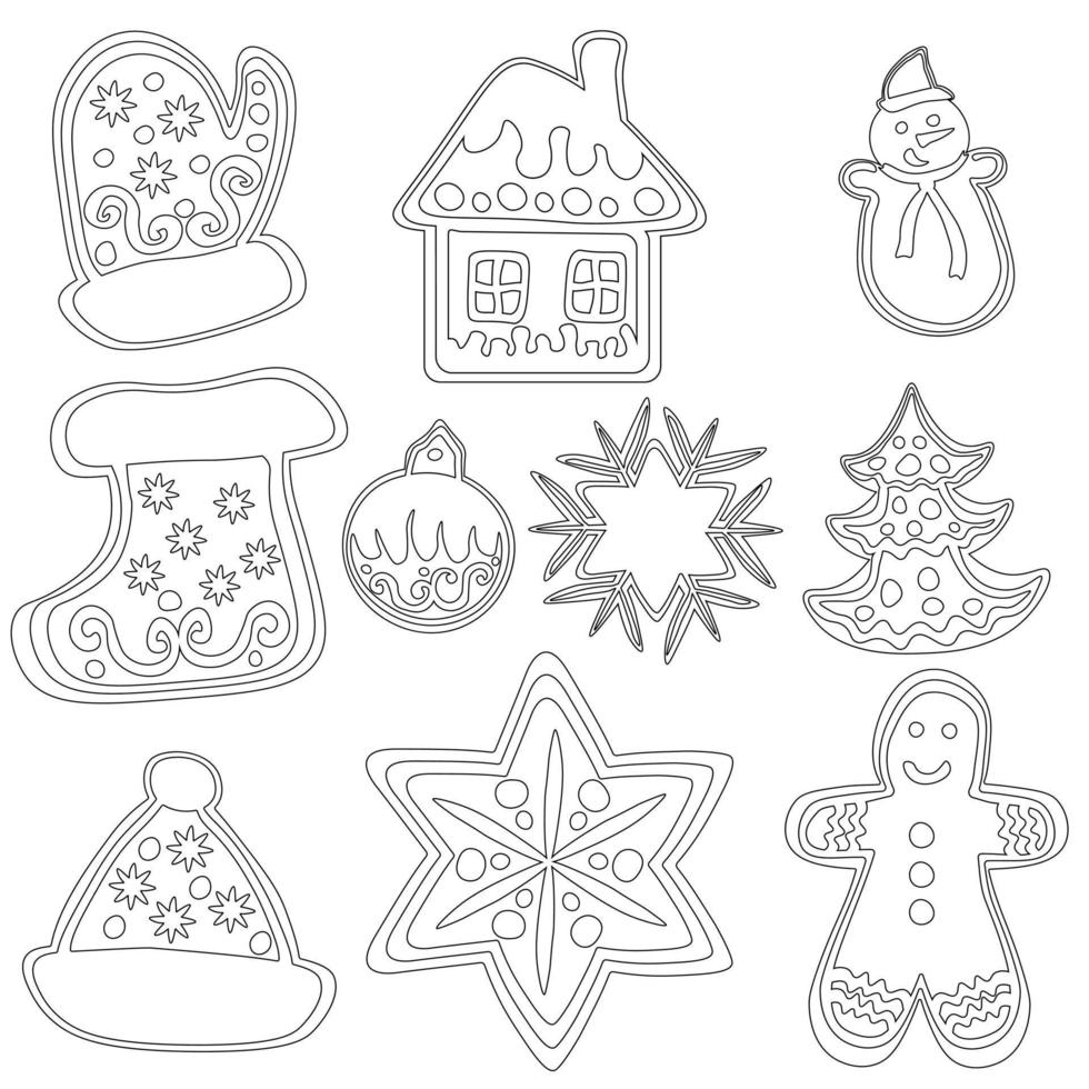 A set of gingerbread cookies of various shapes and sizes, coloring pages Christmas pastries with ornate icing patterns vector