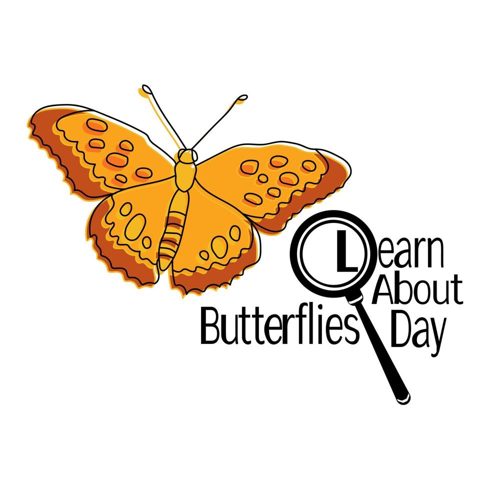 aprenda sobre el día de las mariposas, el contorno de los insectos y la impresión brillante y la inscripción temática, para el diseño de pancartas o postales vector