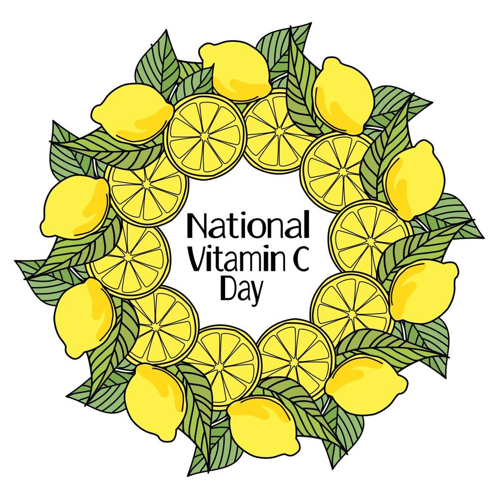 National Vitamin C Day, round frame of whole and slices of lemons with green leaves and an inscription for a postcard or banner vector