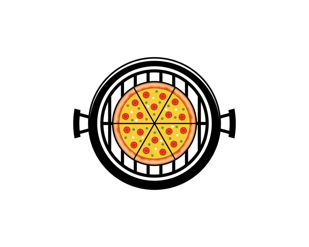 Black cooking pan with pizza inside vector