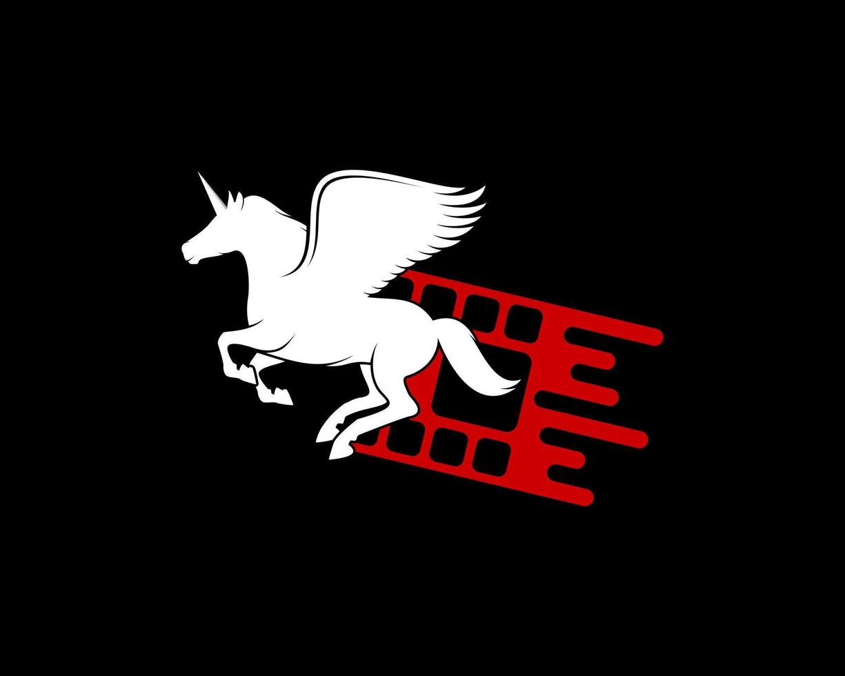 unicornio volador con logo de película de carrete vector