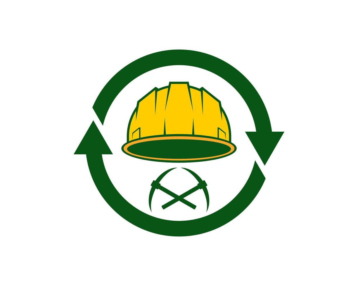 Circular arrow with safety helmet and mining axe inside vector
