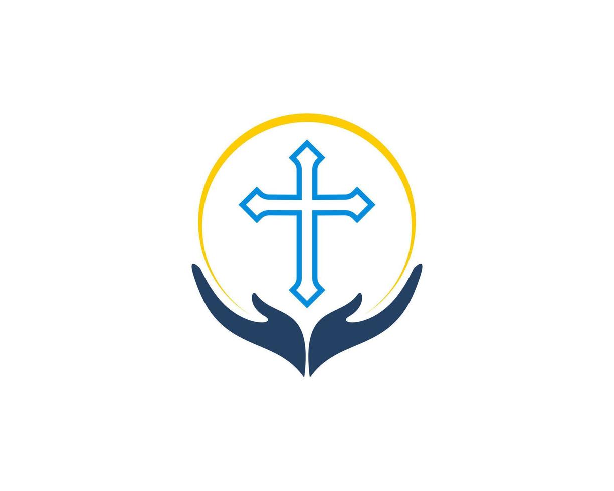cruz cristiana en el logo de la mano que desea vector