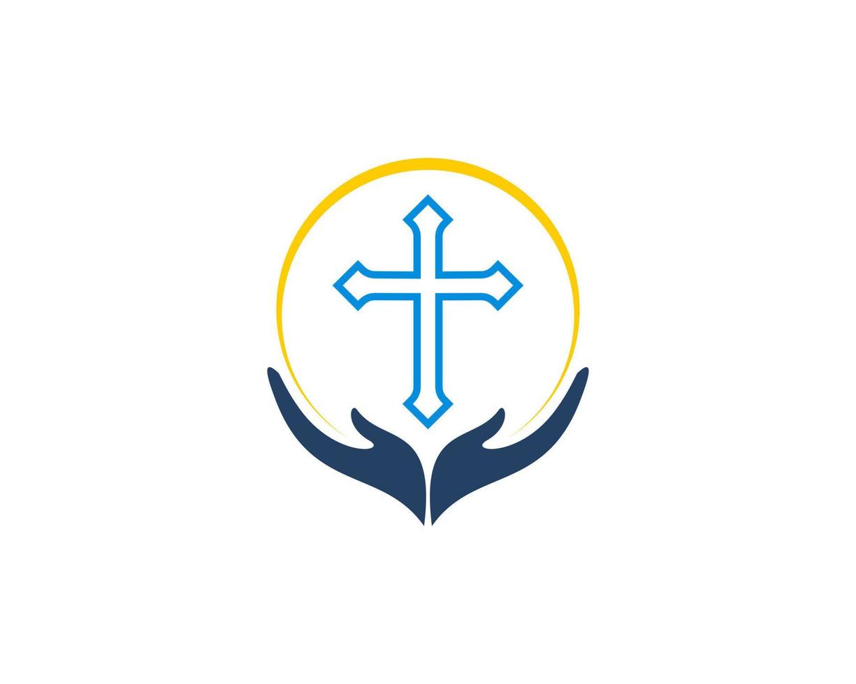 Christian cross on the wishing hand logo vector