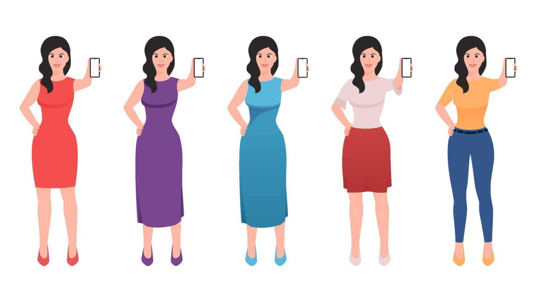 Girl showing mobile screen and other hand on waist, flat character vector illustration set.