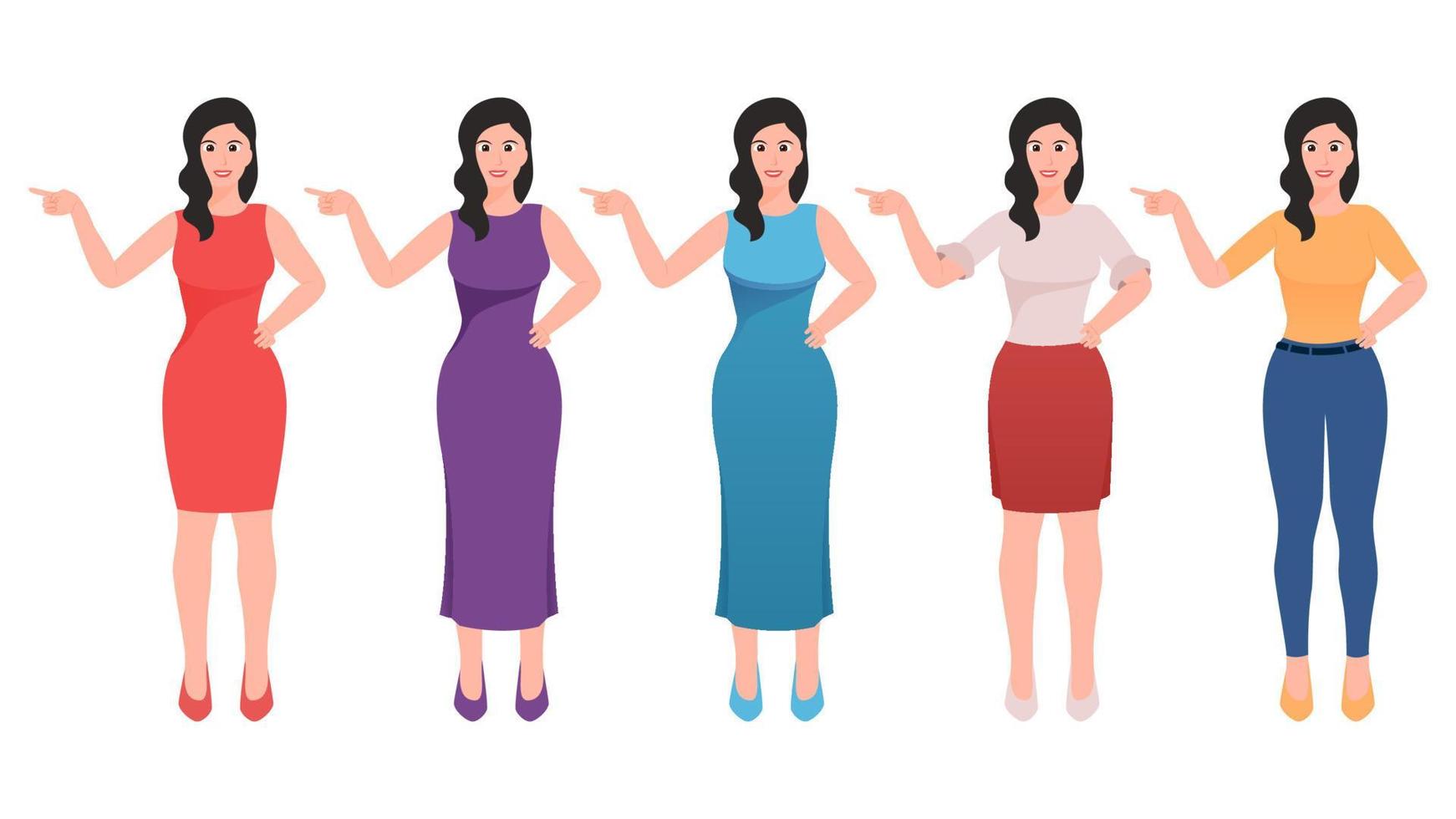 Girl pointing with index finger and other hand on waist flat character vector illustration.