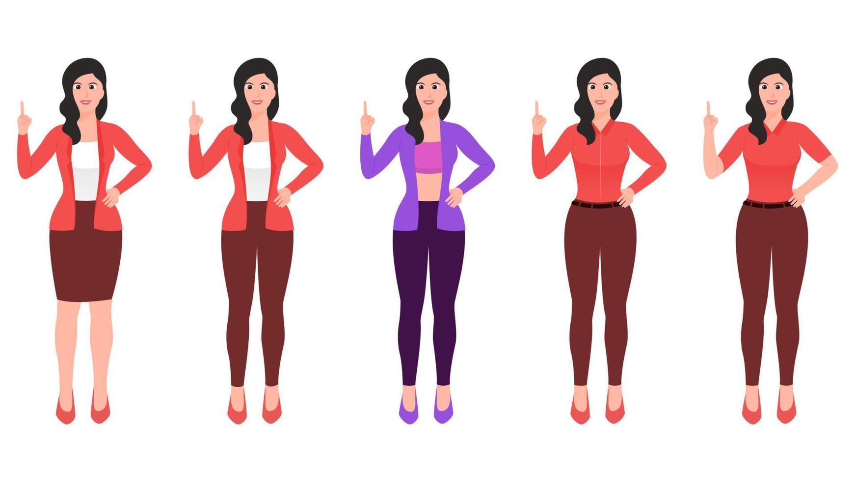 Girl pointing with index finger and other hand on waist flat character vector illustration.