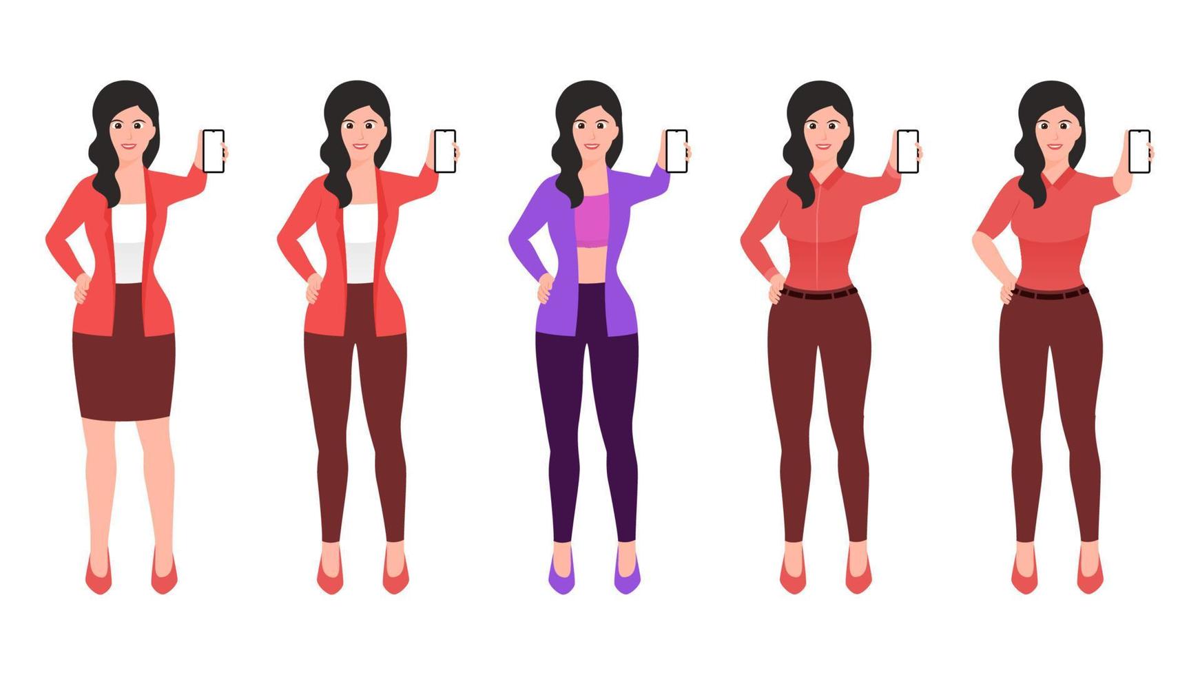 Girl showing mobile screen and other hand on waist, flat character vector illustration set.