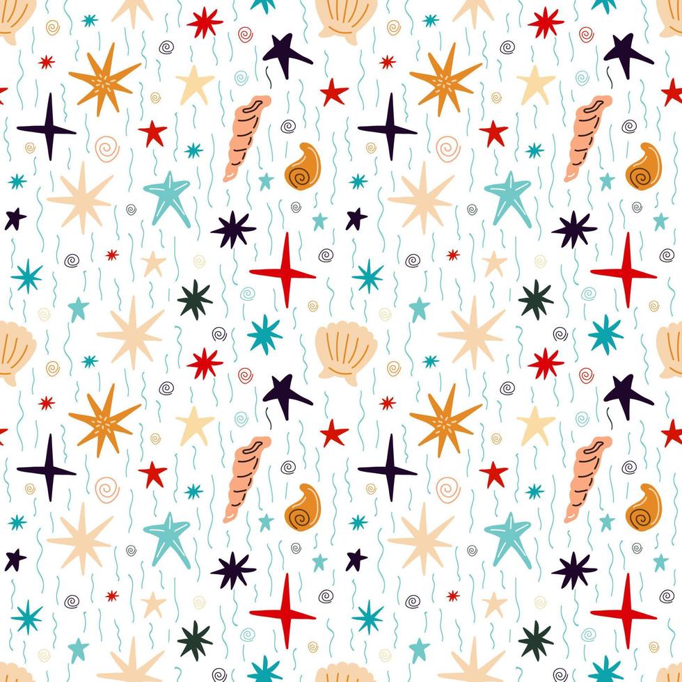 Seamless pattern with shells, corals, starfish on a blue background vector