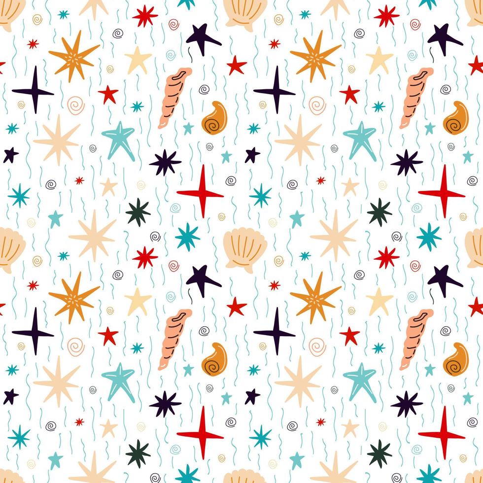 Seamless pattern with shells, corals, starfish on a blue background vector