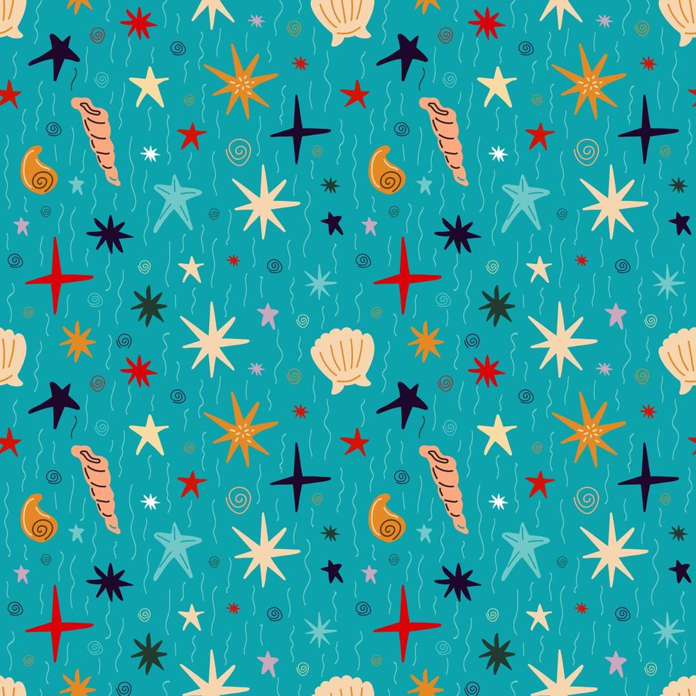 Seamless pattern with shells, corals, starfish on a blue background vector