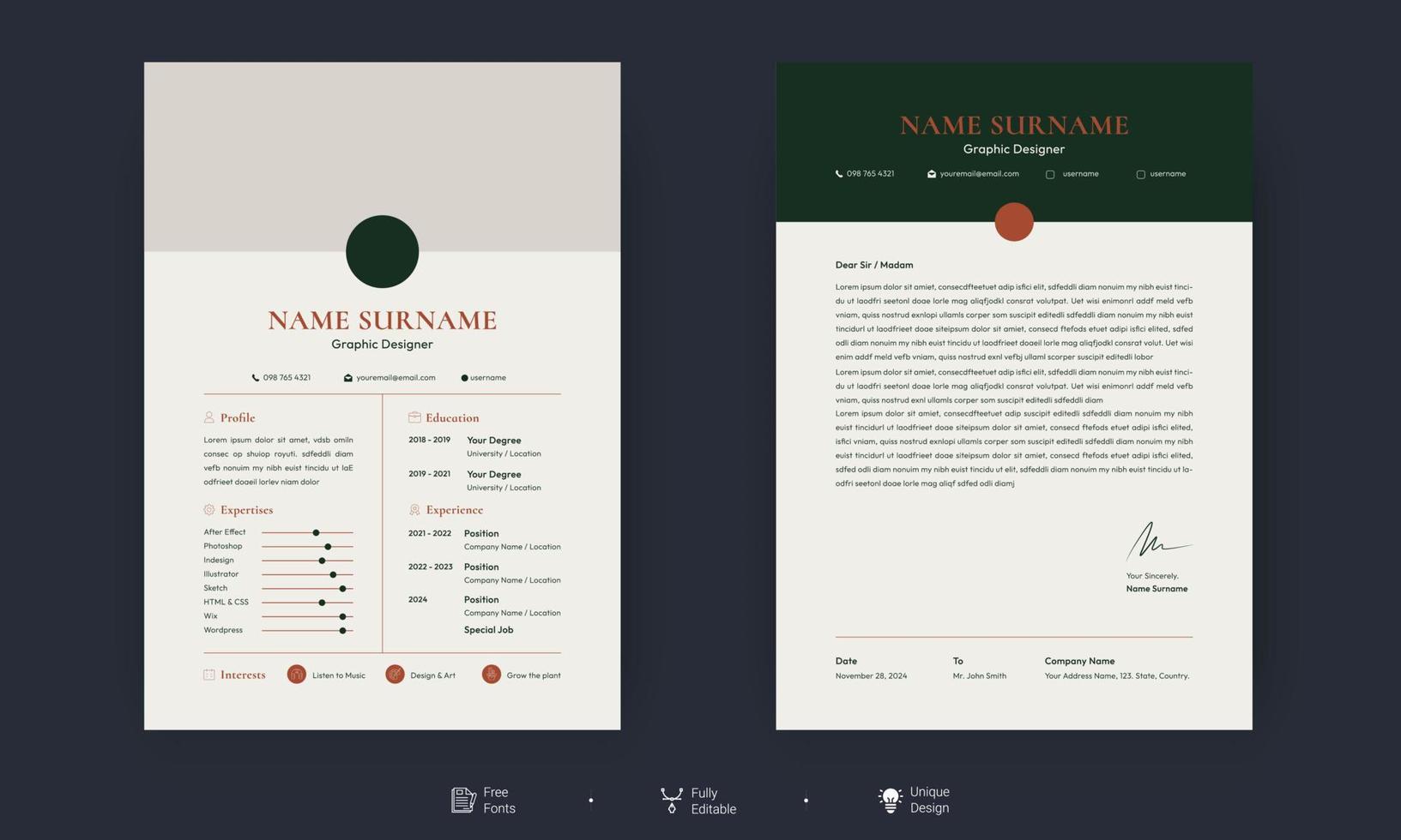 plantilla de carta de presentación y currículum moderno y limpio. plantilla vectorial para aplicaciones de trabajo empresarial, plantillas cv. membrete de currículum profesional, conjunto de vectores de perfil de descripción personal