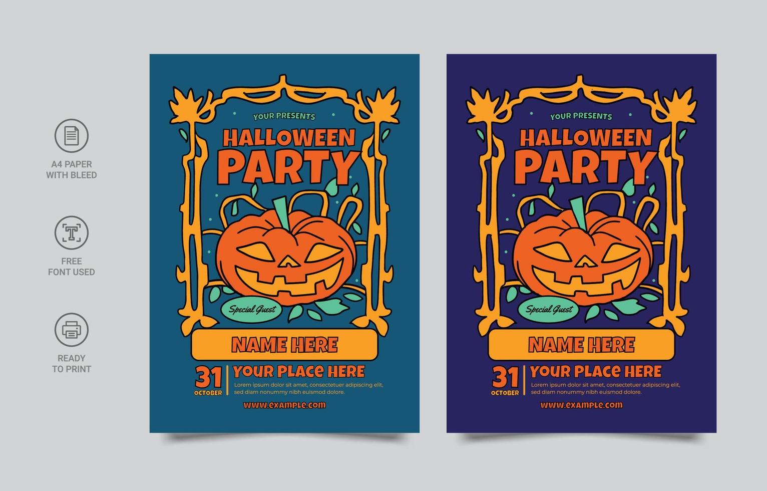 Vector set of Halloween party invitations or greeting cards with handwritten calligraphy and traditional symbols.