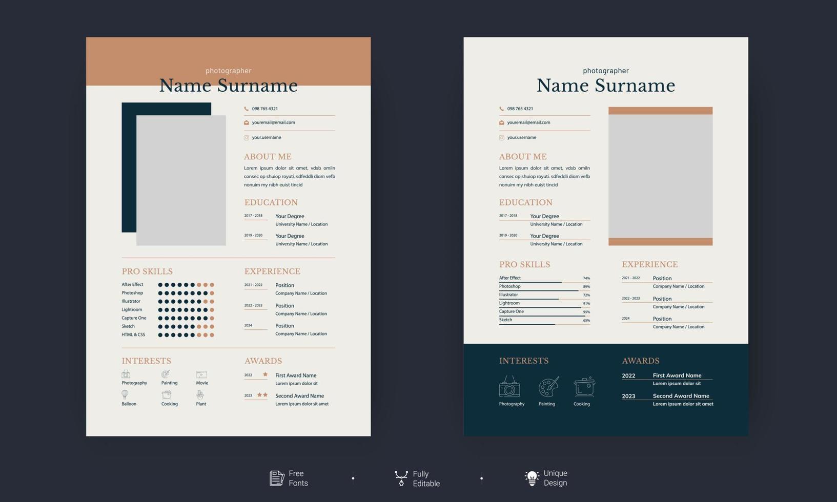 Clean Modern Resume and Cover Letter Template. Vector Template for Business Job Applications, Cv templates. Professional resume letterhead, personal description profile vector set