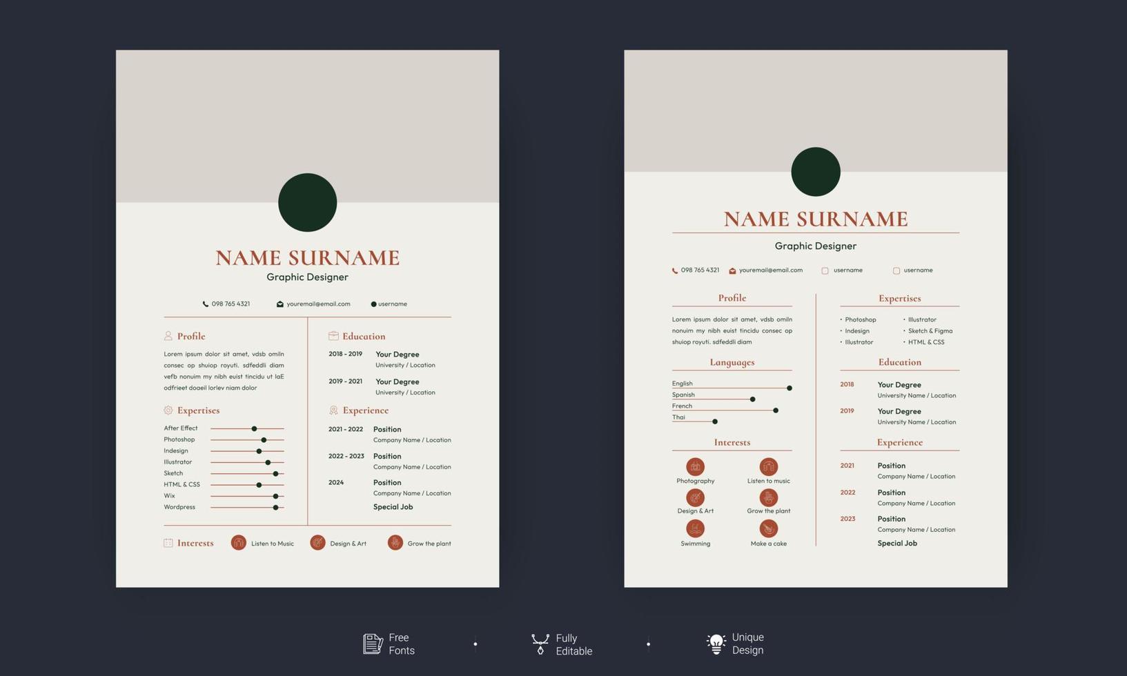 plantilla de carta de presentación y currículum moderno y limpio. plantilla vectorial para aplicaciones de trabajo empresarial, plantillas cv. membrete de currículum profesional, conjunto de vectores de perfil de descripción personal