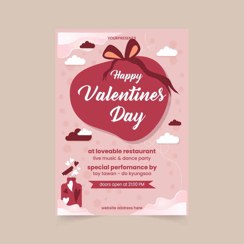 Happy Valentine's Day posters. Vector elegant template of a poster for a party of Valentine's day with paper hearts. Brochures design for promo flyers or covers in A4 format size.