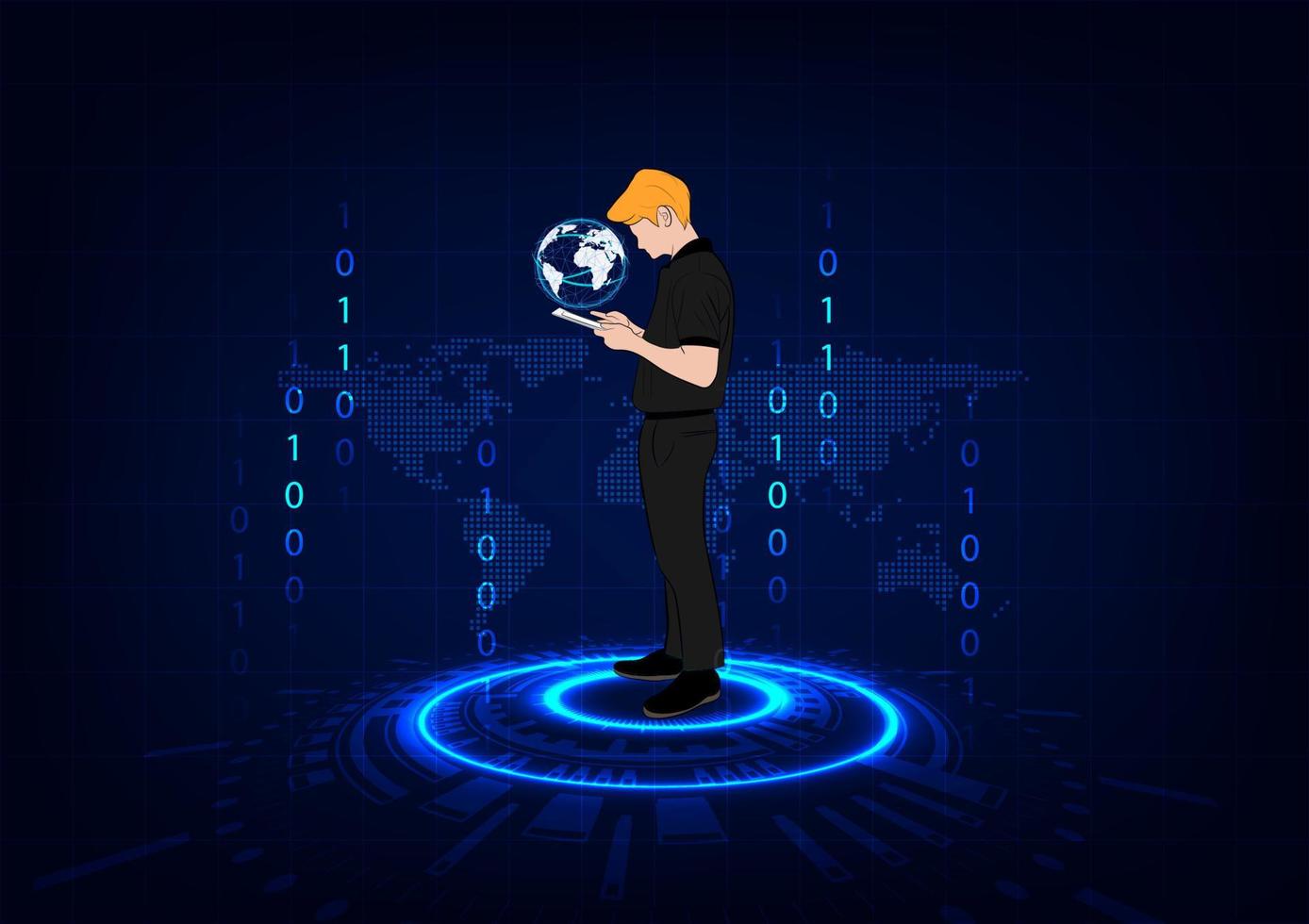 graphics design Business man hold smart phone connect internet network online vector illustration
