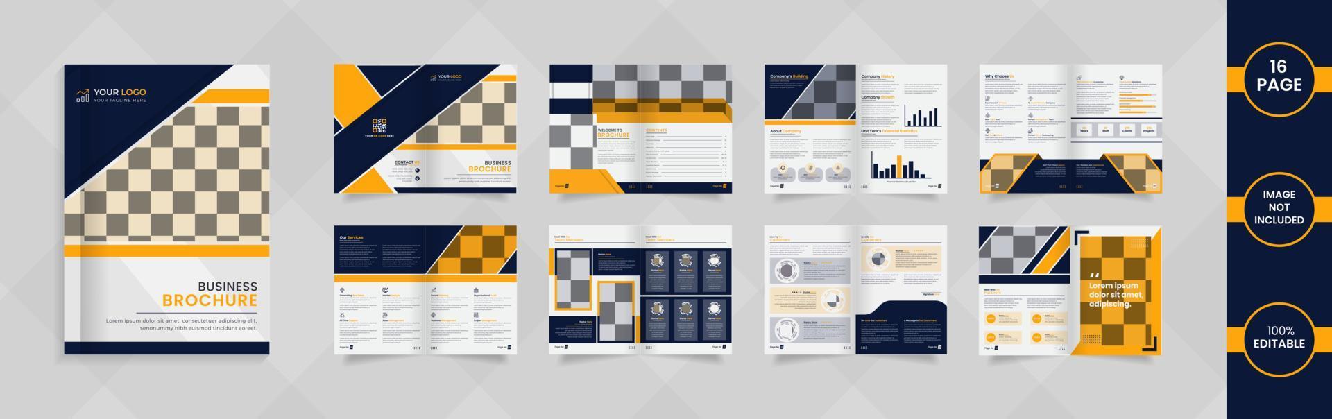 Modern 16 page Company brochure design with yellow and dark blue color abstract shapes and Information. vector