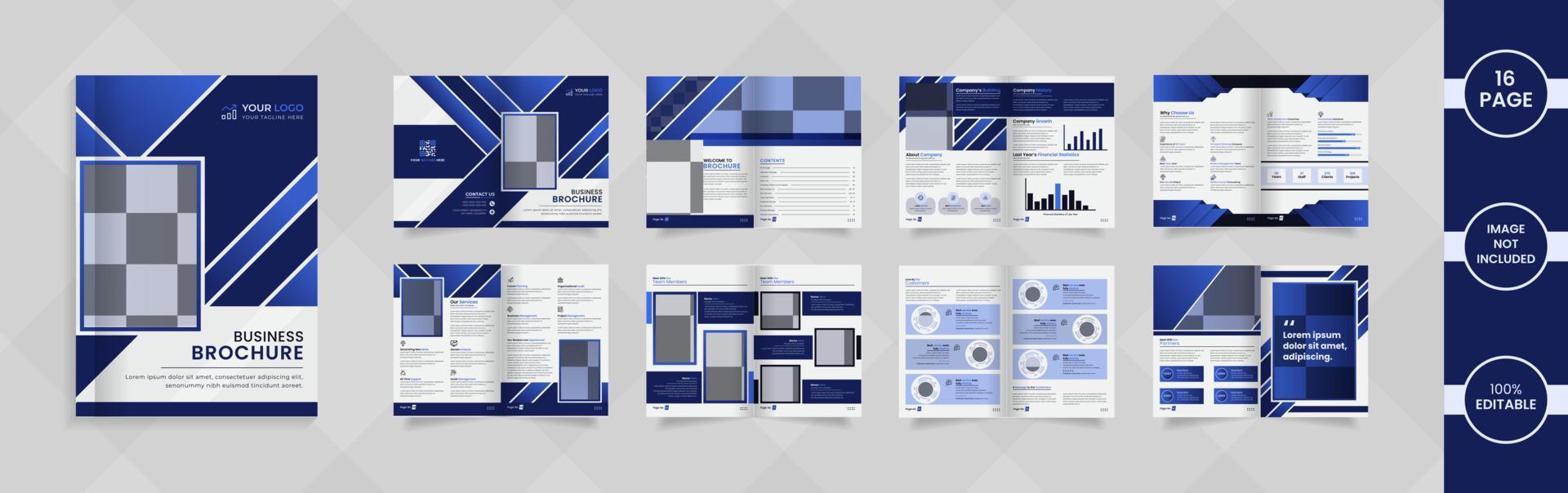 diseño moderno de folleto de empresa de 16 páginas con información y formas abstractas de color degradado azul. vector