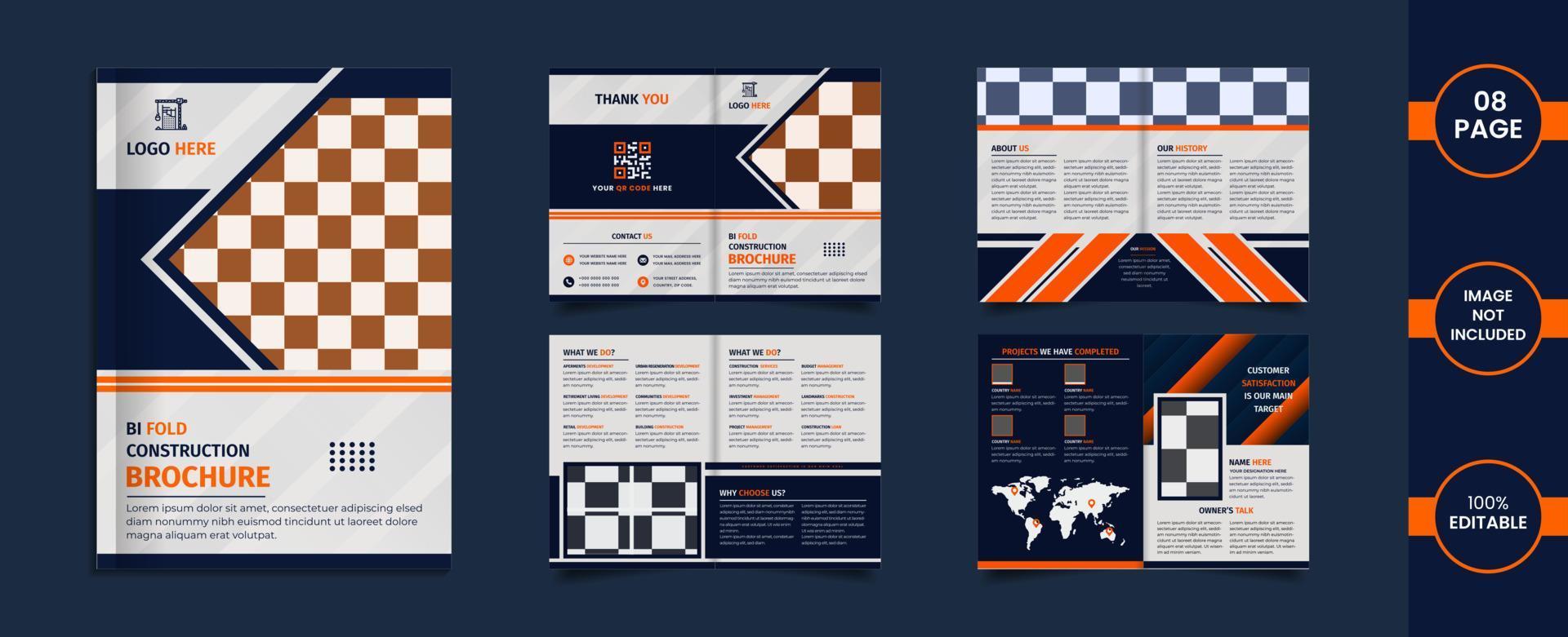 Construction 8page Bifold Brochure design with orange and blue color abstract shapes and Information. vector