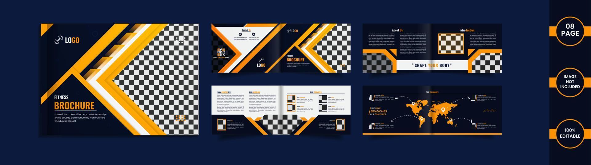 Gym Landscape 8 page brochure design template with yellow color abstract shapes. vector