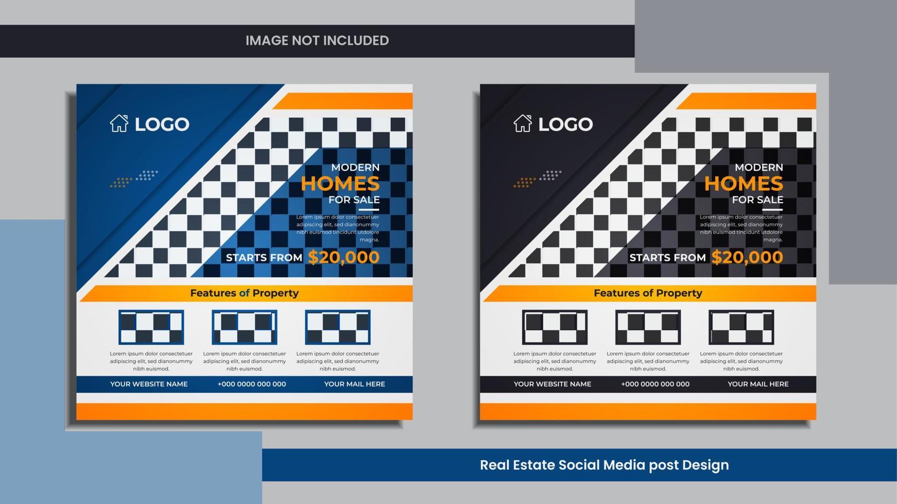 diseño moderno de publicaciones en redes sociales inmobiliarias con formas de color azul y negro, sombras e información de propiedades. vector