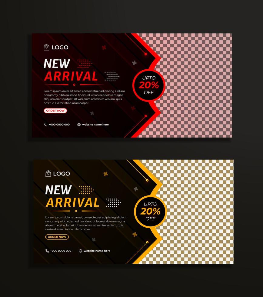 Web Fashion social media post pack design with red and yellow color shapes on a dark 3D background. vector