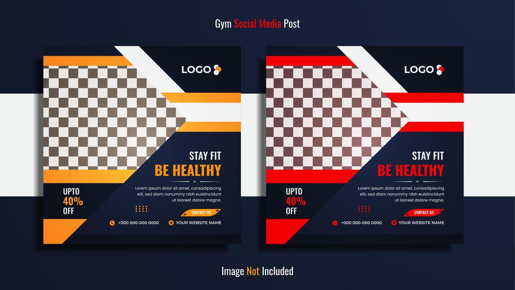 Gym and fitness social media post design pack with yellow, red and white color unique shapes and data. vector