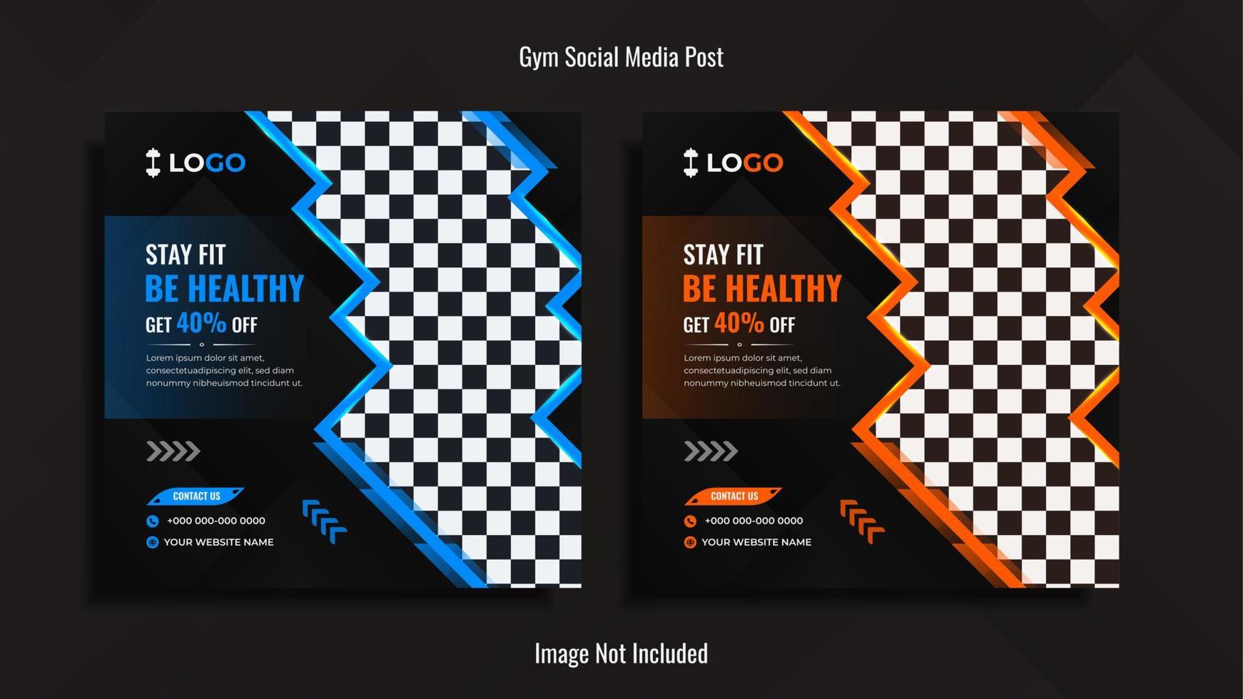 Gym social media post design pack with blue and orange color dynamic shapes with lights. vector