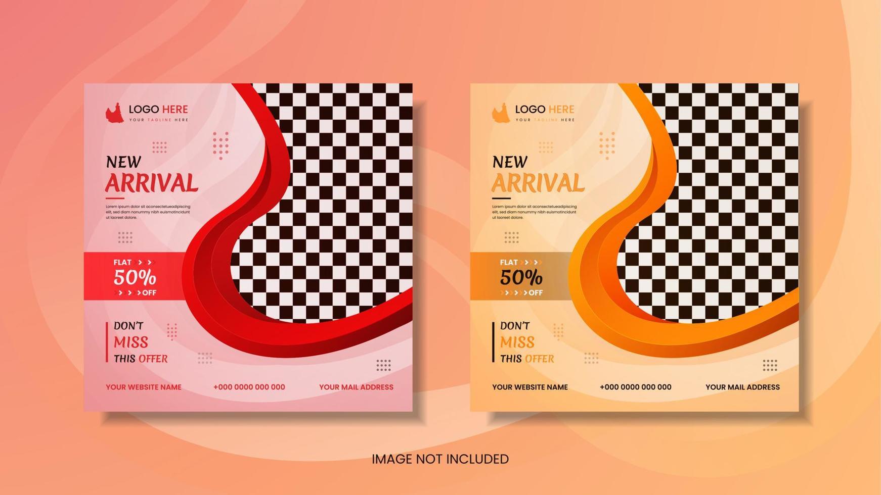 Fashion social media post pack design with red and yellow color organic shapes on a beautiful colorful background. vector