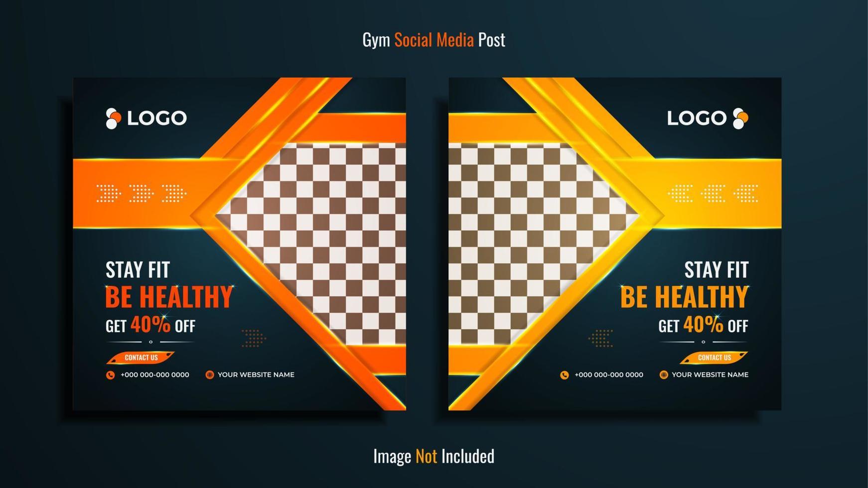Gym and fitness social media post design pack with yellow and Orange color shapes with lights on a dark gradient background. vector