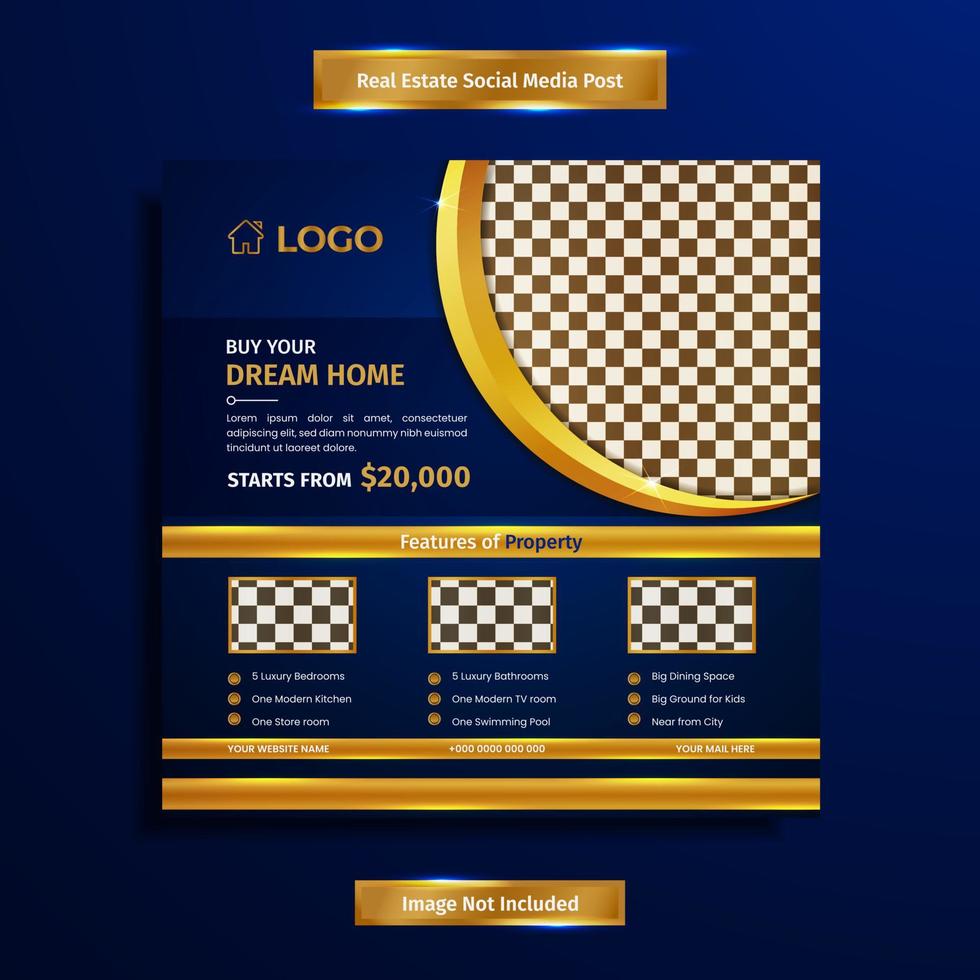 Real estate luxury social media post design with blue and golden color shapes, lights, and information vector